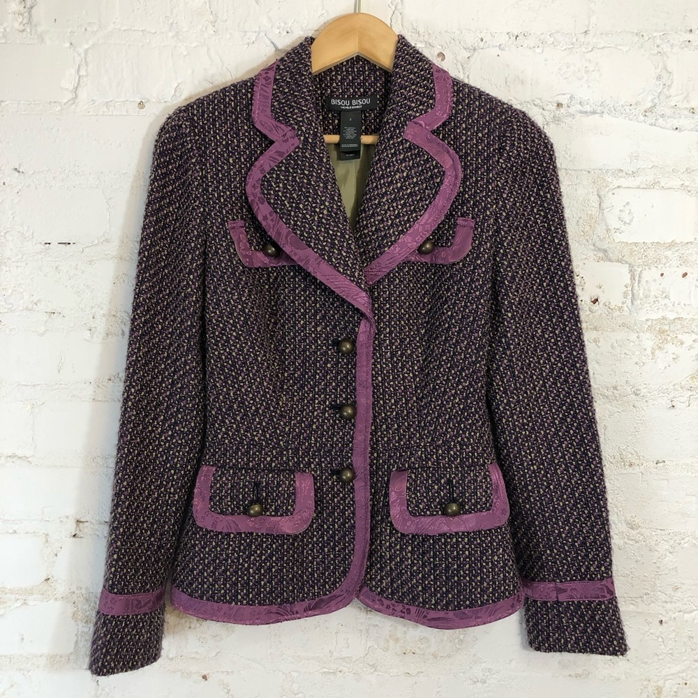 BISOU BISOU Purple & Green Tweed Blazer Satin Trim